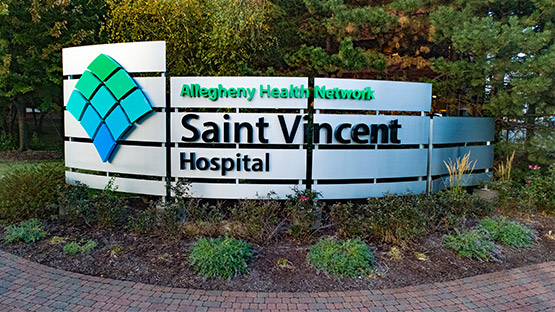 sign welcoming patients and visitors to AHN Saint Vincent Hospital