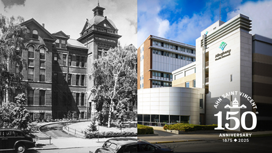 Split image of Saint Vincent Hospital in 2025 and a black and white photo of it in the past